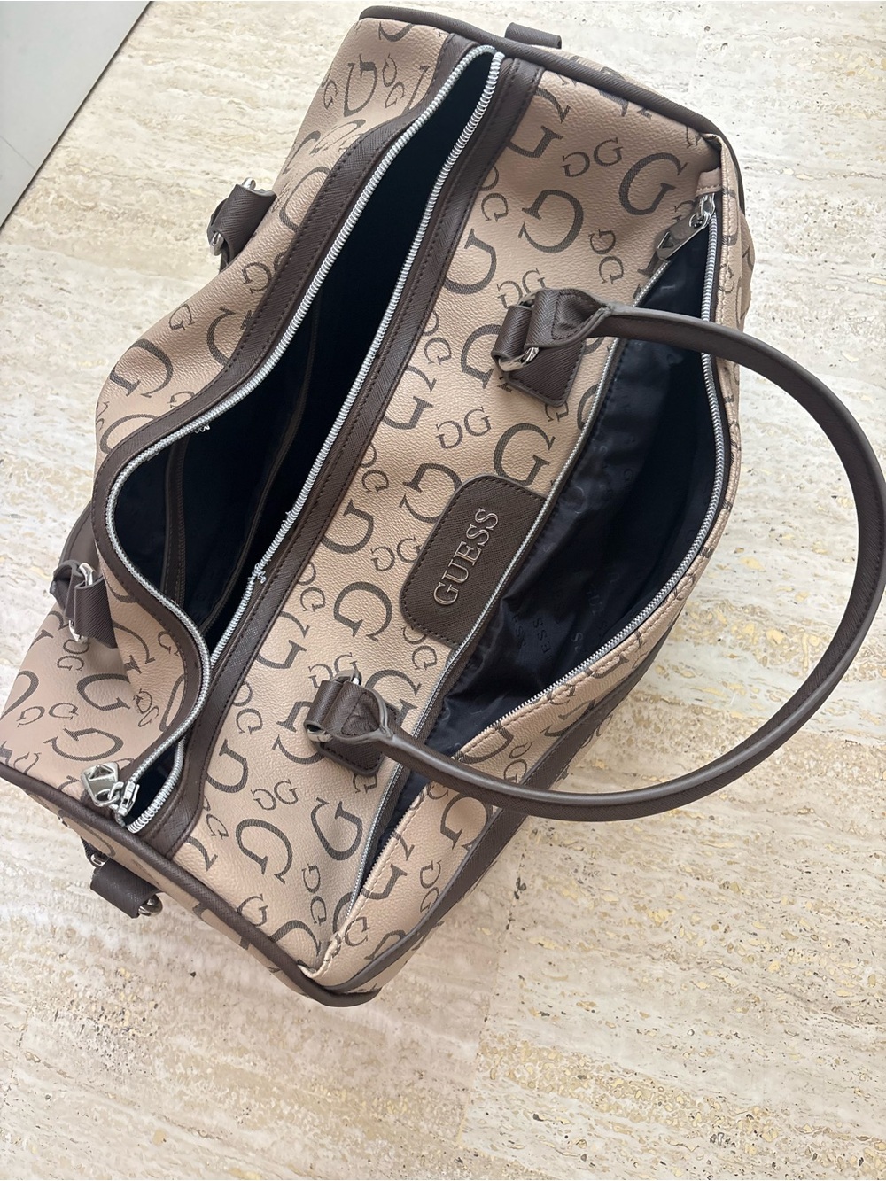 GUESS Beige & Brown Monogram Travel Tote